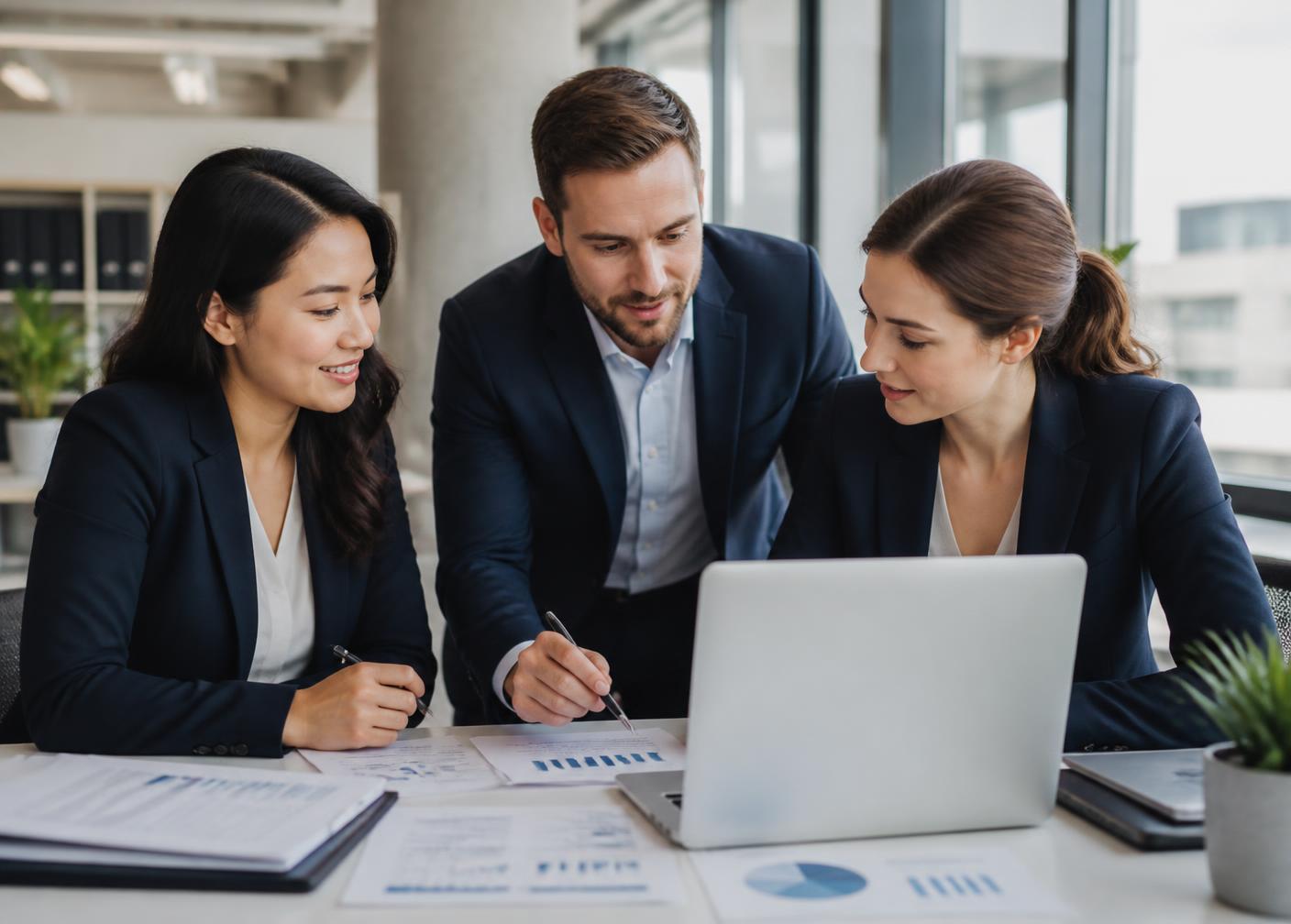 Illustration of accountants reviewing ledgers together in a warm office at sunset